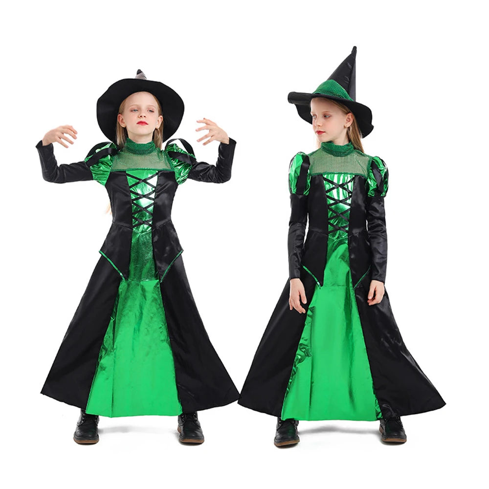 Tiny Cuddling Green and Black Witch Long Dress for Girls | 2024 Halloween Costume