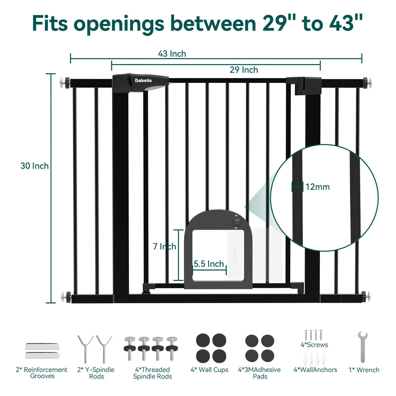 Babelio Upgraded 29-43" Adjustable Baby Gate with Cat Door – Auto-Close, Easy Install, Durable Steel, for Stairs & Doorways