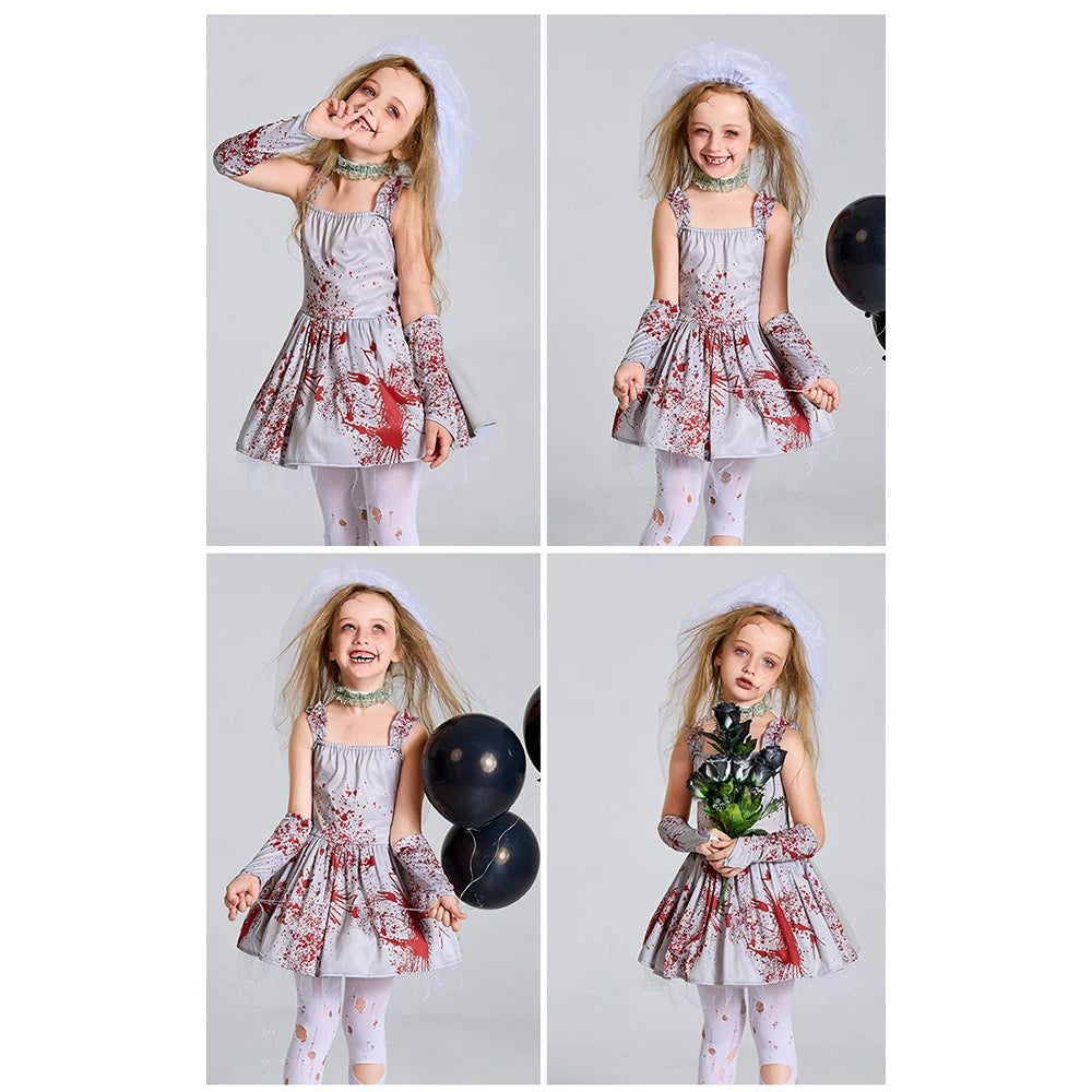 Tiny Cuddling Gray Bloodstained Ghost Bride Costume for Girls | 2024 Halloween Costume