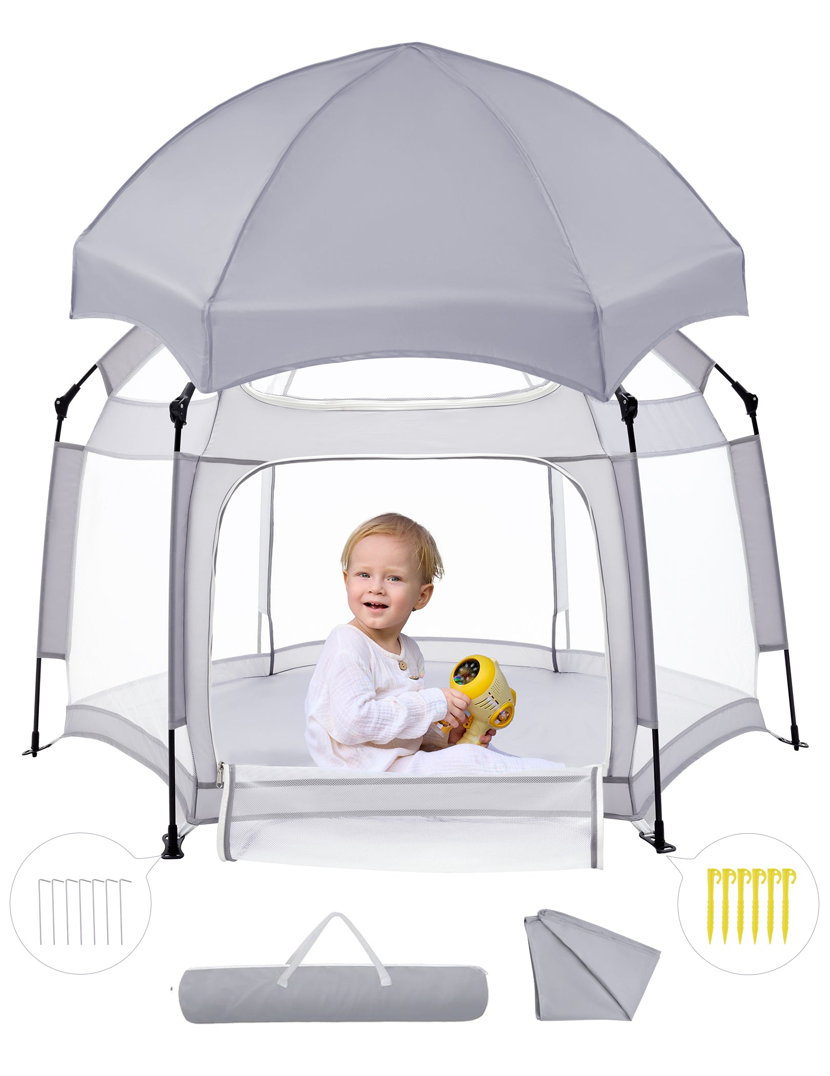 Babelio Foldable Baby Playpen with Canopy, Portable & Sun Protection