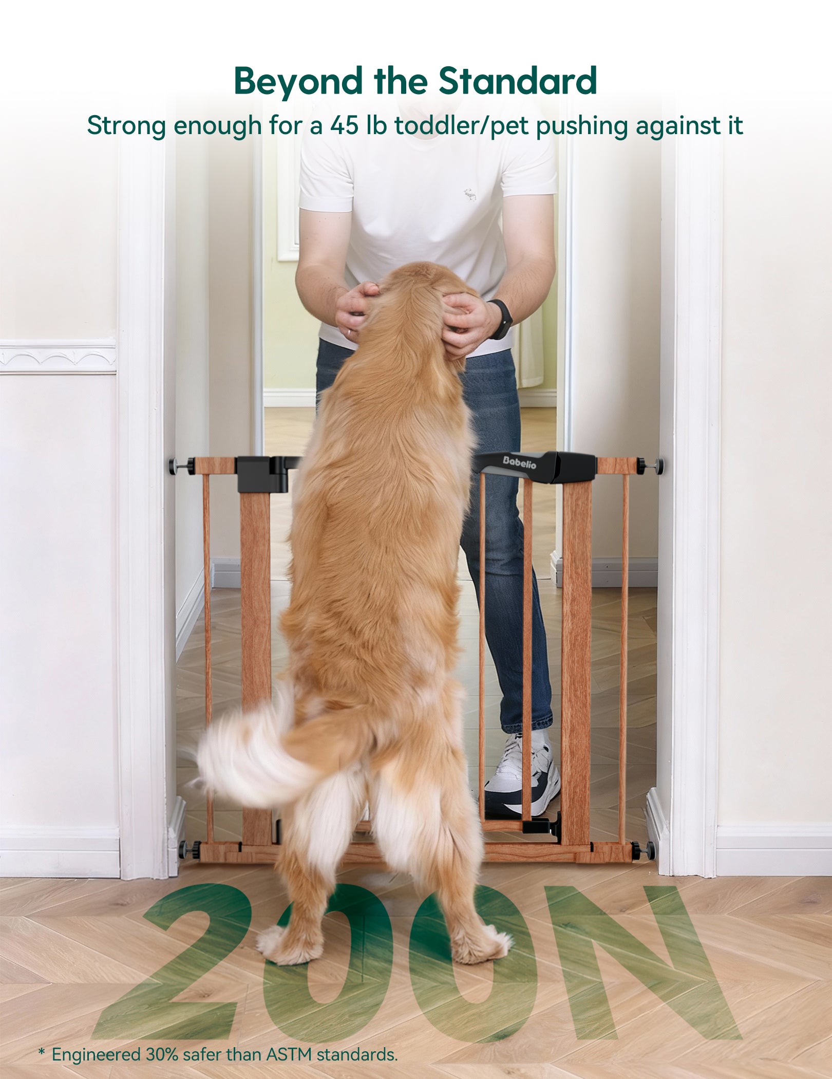 Dog using a wooden baby gate with text indicating its strength and safety features.#Color_Wood Pattern