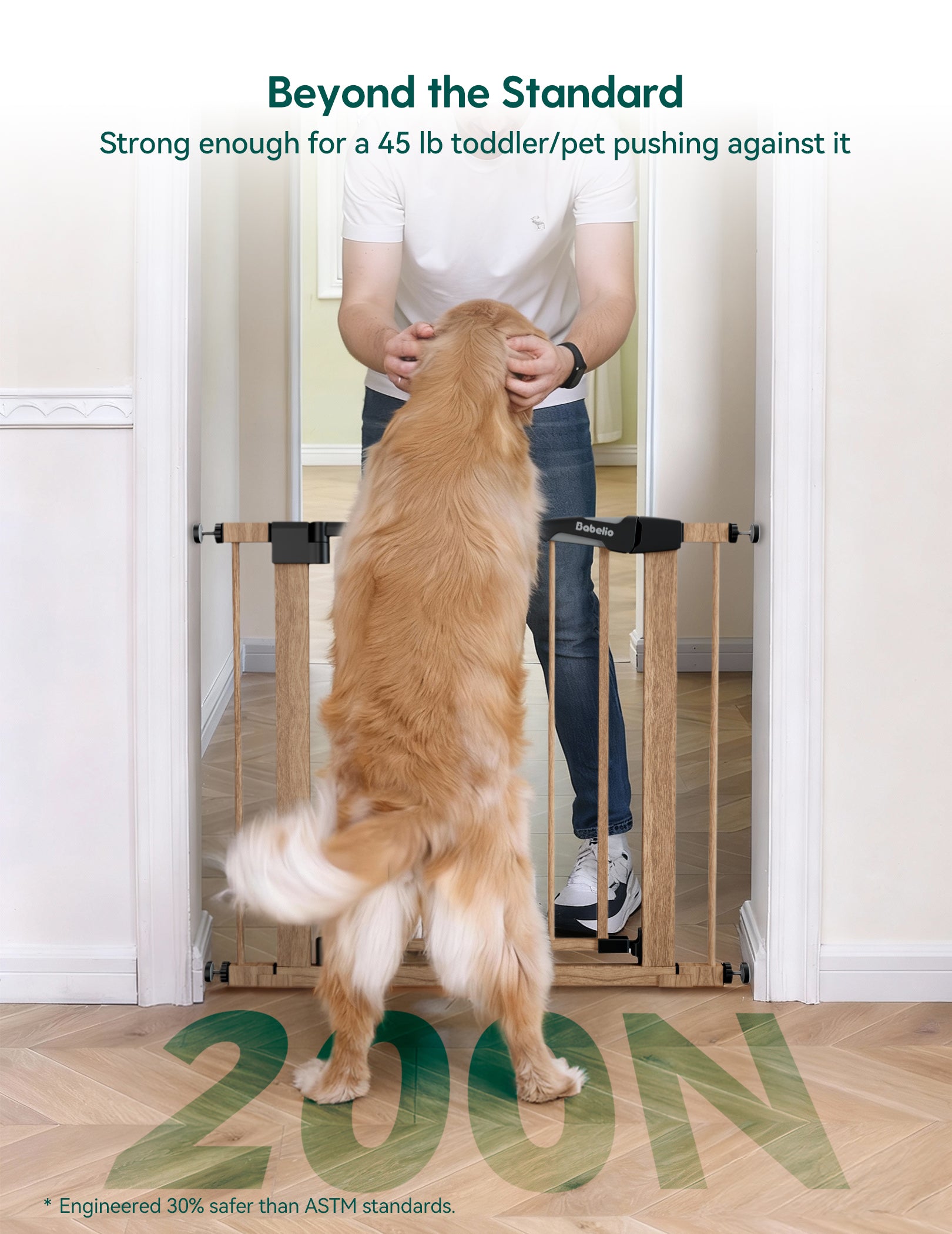 Dog using a pet gate with a person standing behind it, emphasizing safety and strength.#Color_Wood Pattern