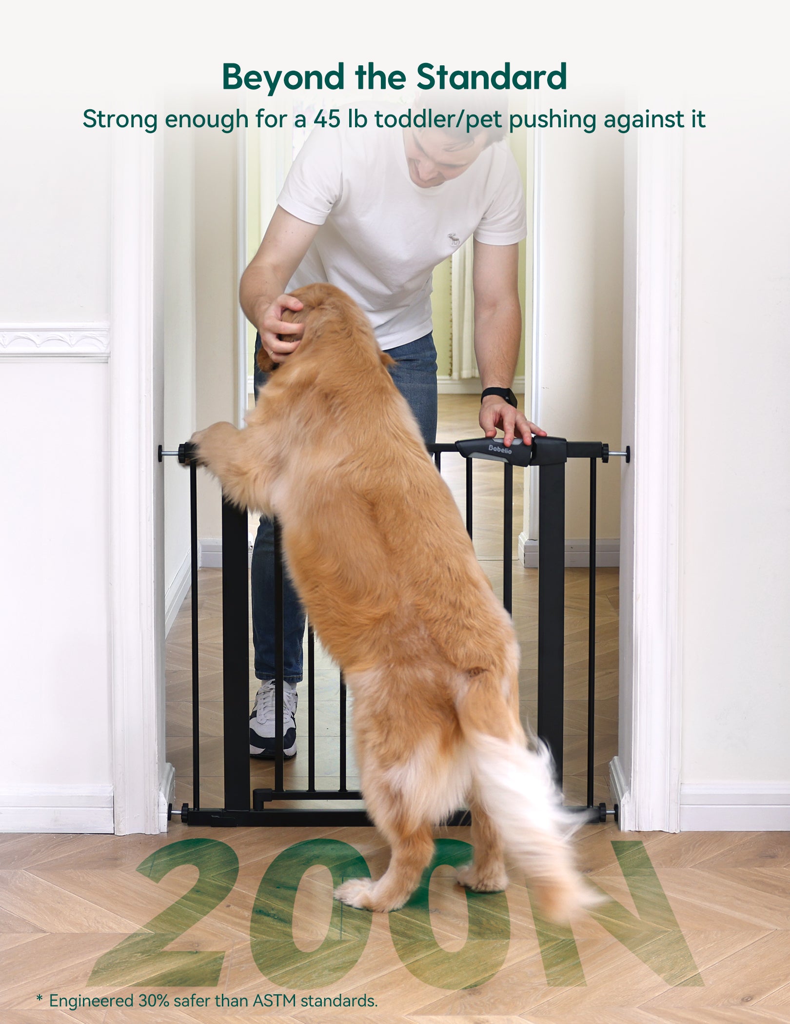 Dog standing on a pet gate with a person behind it, featuring text about strength and safety.#Color_Black