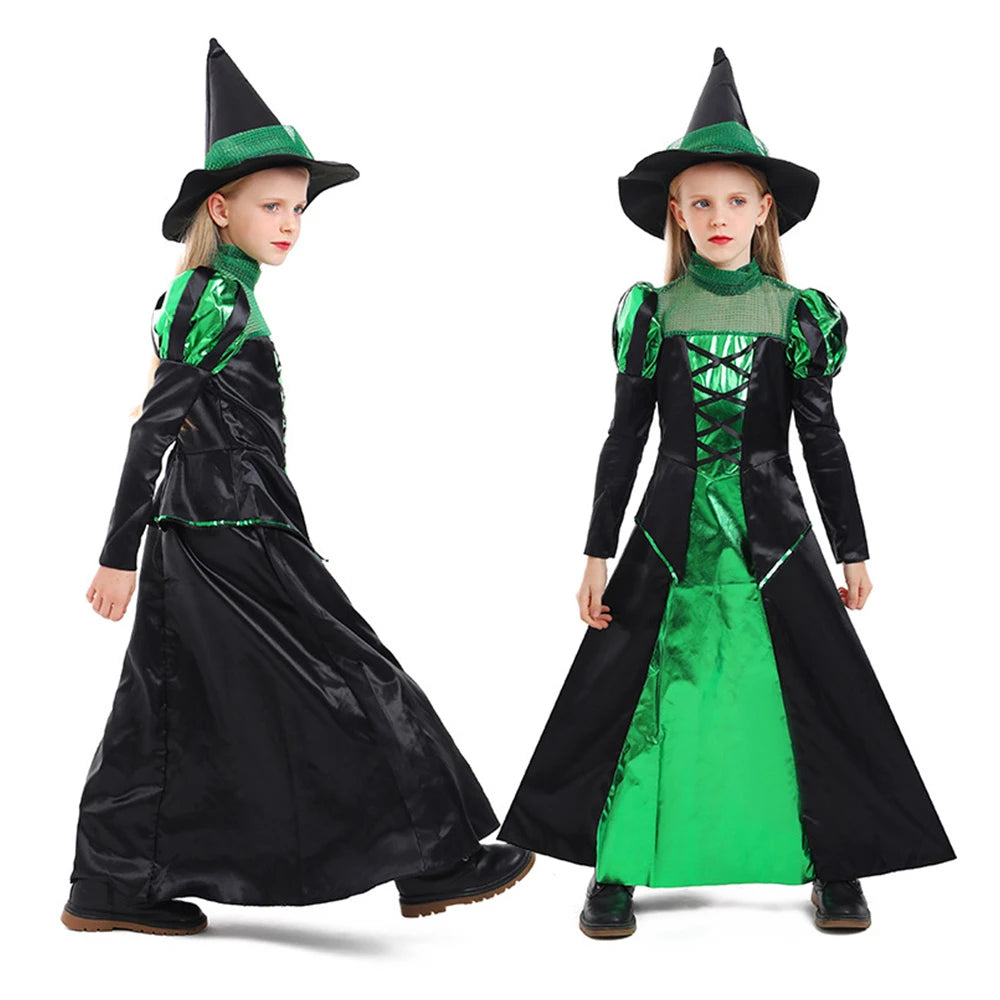 Tiny Cuddling Green and Black Witch Long Dress for Girls | 2024 Halloween Costume