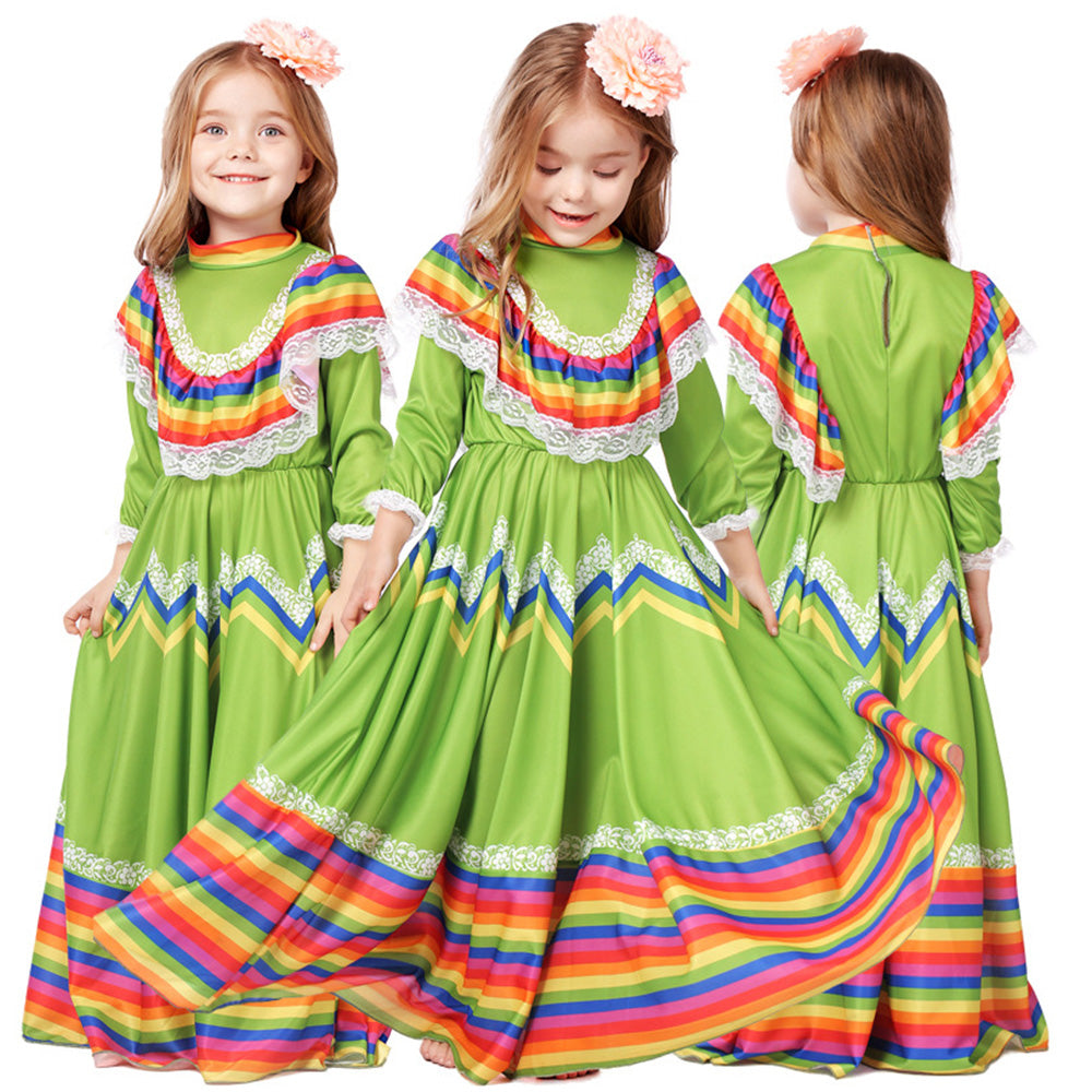 Tiny Cuddling Mexican Folk Dance Dress for Girls - Halloween Costume, School Performance Outfit, Traditional Long Skirt