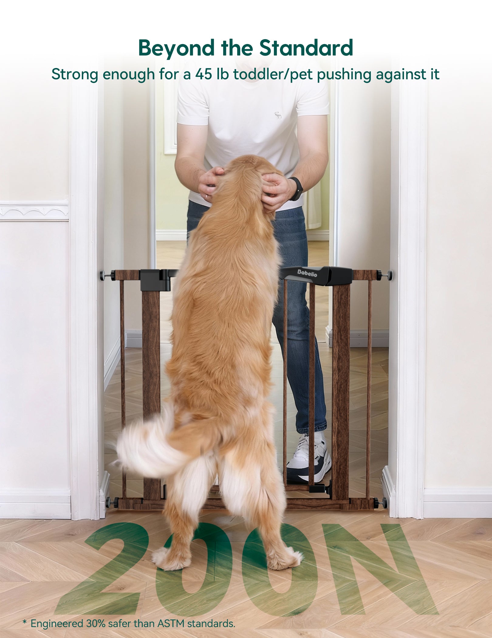 Dog standing on a pet gate with a person behind it, promoting the gate's strength.  #Color_Brown Wood Pattern