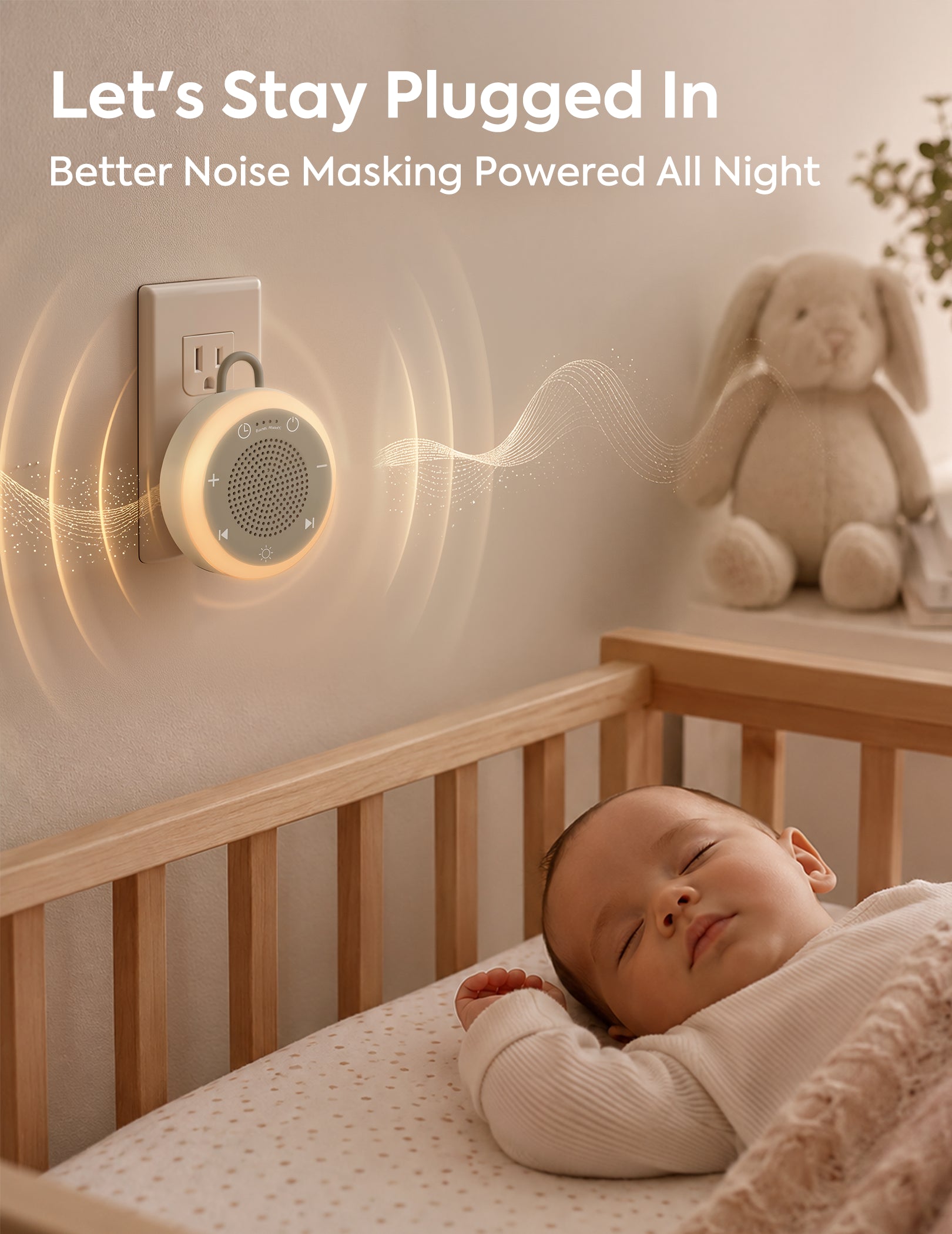 Babelio Pluggy portable white noise machine on a nightstand for sleep