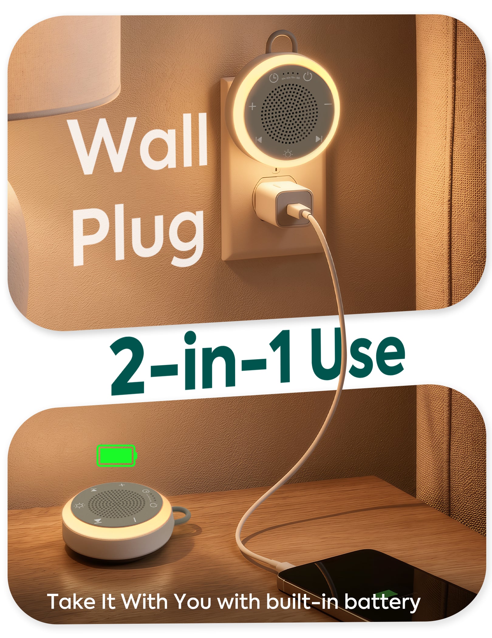 Babelio Pluggy mounted on a wall outlet to help mask noise from an adjoining room