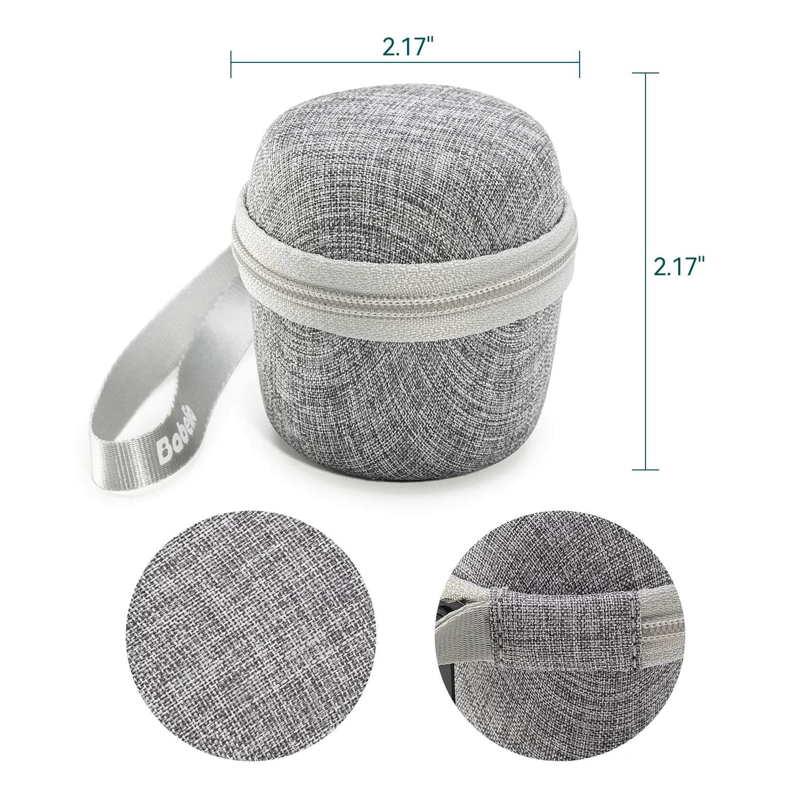 Babelio white noise machine with gray fabric cover and carrying strap, compact 2.17-inch design