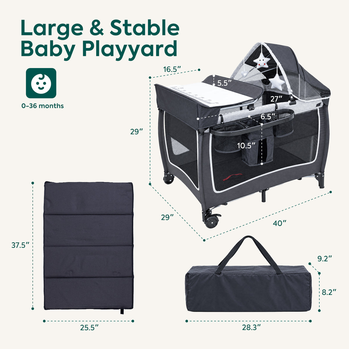 Baby Playard with Canopy, Portable Crib with Changing Table