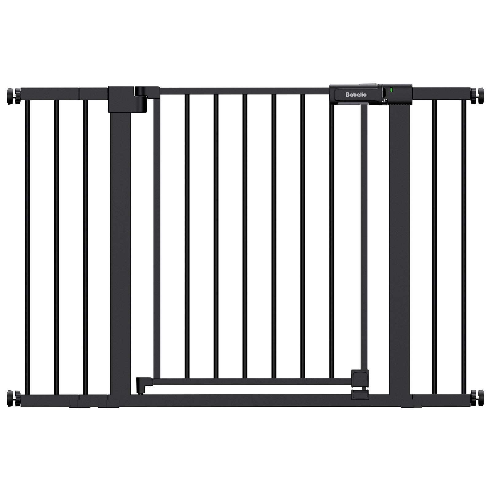 A black metal safety gate with vertical bars and a lockable latch system, shown against a plain white background.#Color_Black