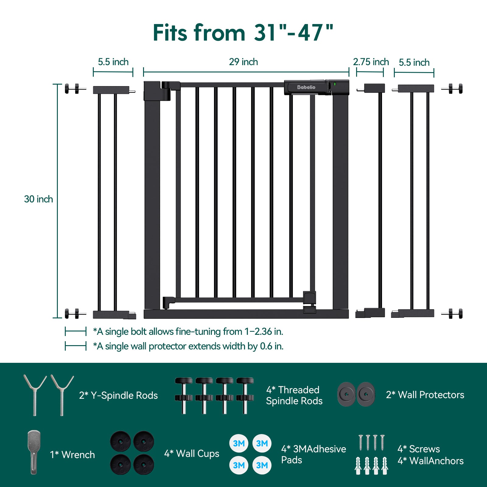 A product fitment diagram for a black metal safety gate, showing dimensions for a 30-inch height and 31-47 inch width, with included hardware pieces listed below on a dark teal background.#Color_Black