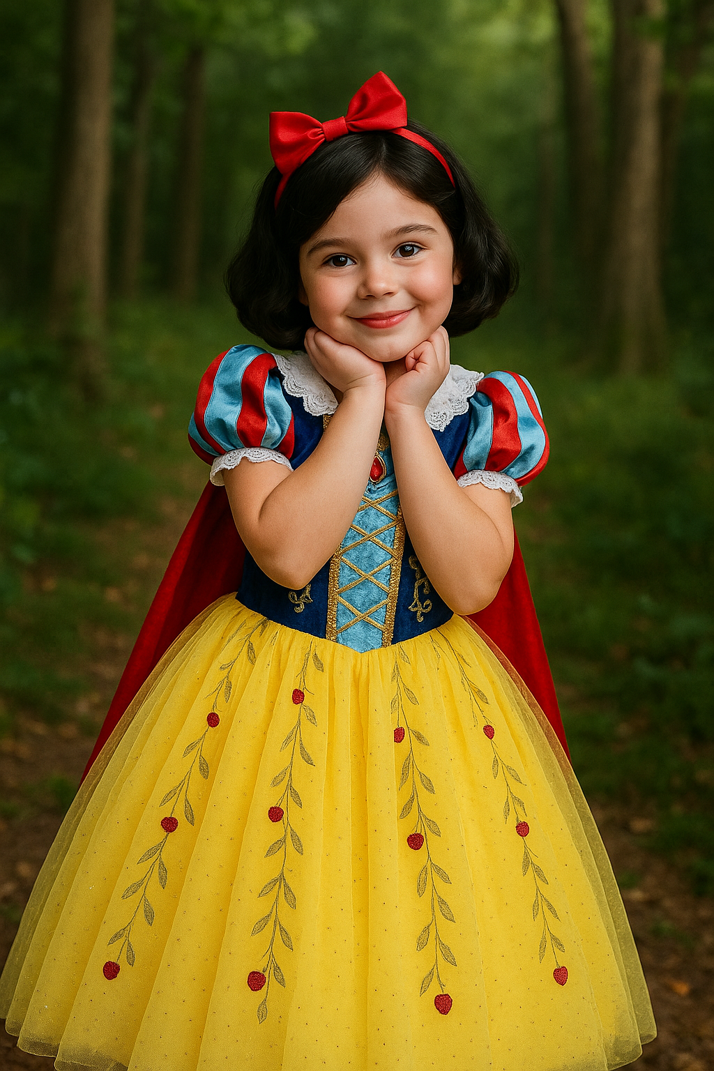 Snow White Princess Dress for Girls — Yellow Ball Gown, Blue & Red Cape, Cosplay Costume