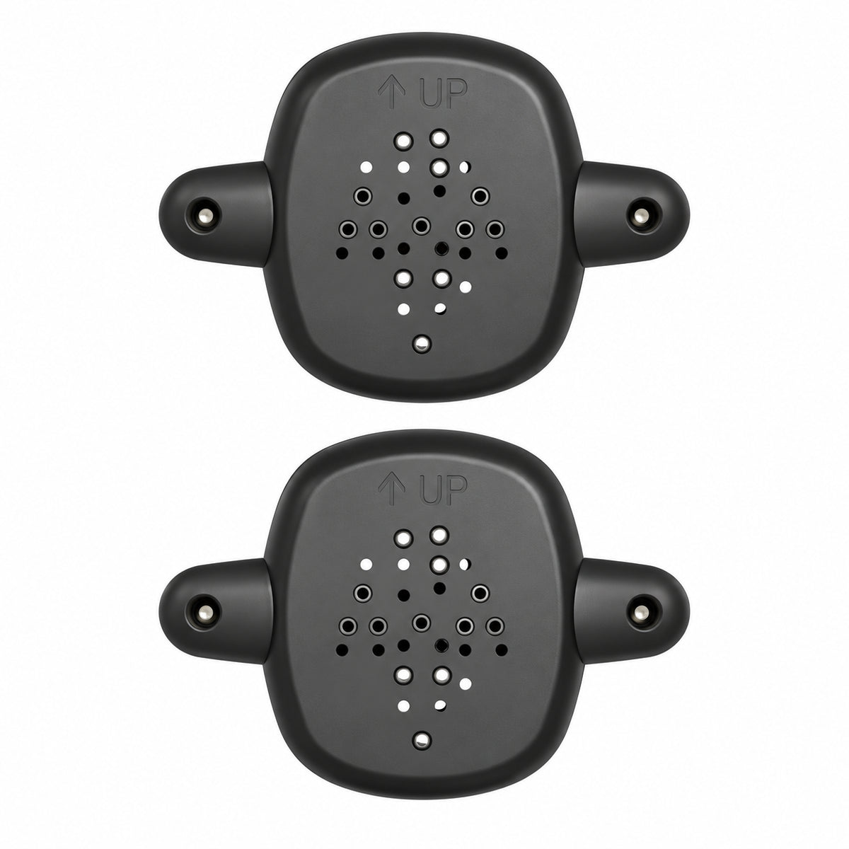 Two black bicycle saddle pad covers with ventilation holes and 'UP' printed on them, shown on a plain white background.
