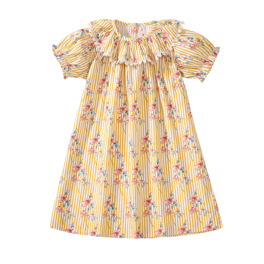 Tiny Cuddling Girls' Yellow Floral Puff Sleeve Dress 鈥?Spring/Summer