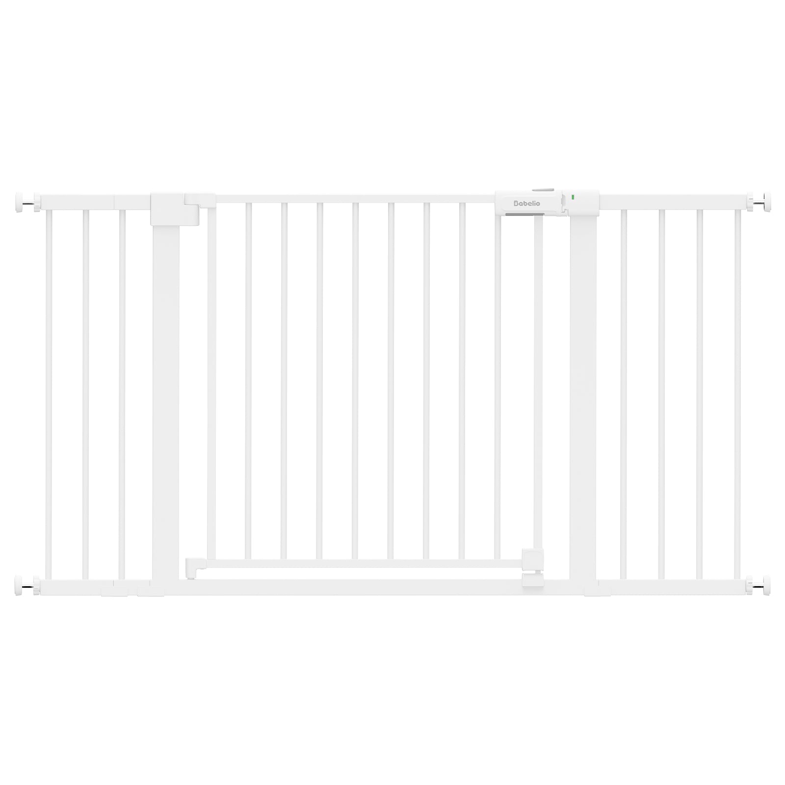 White metal safety gate with vertical bars and a latch mechanism, shown against a plain white background.#Color_White