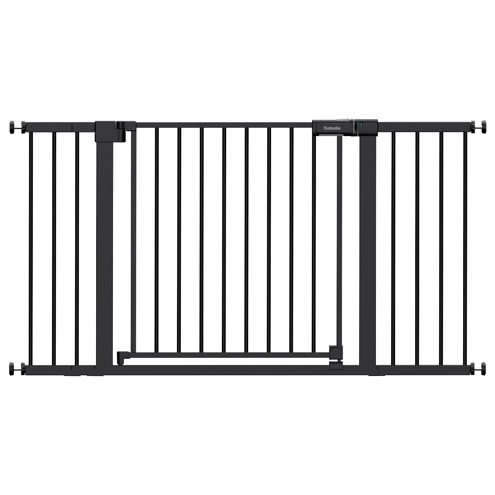 A black metal pet gate with vertical bars and a latch mechanism, shown against a plain white background.#Color_Black