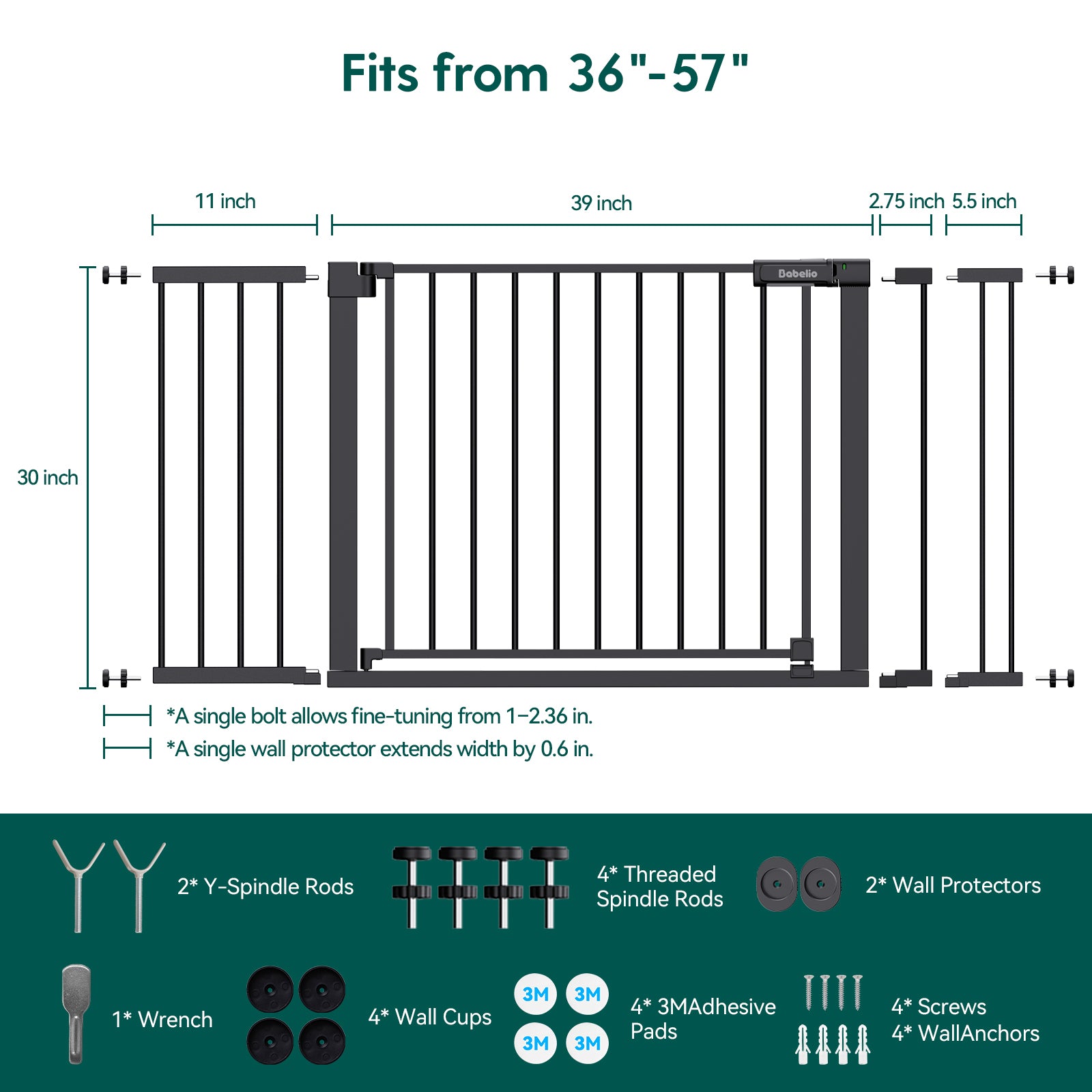 A product fitment and accessories diagram for a black metal safety gate. The top half shows the gate with labeled dimensions #Color_Black