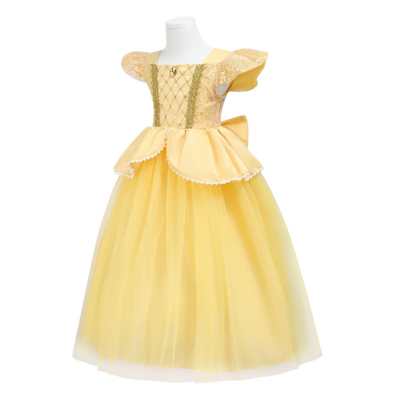 Belle Princess Dress for Girls — Yellow Ball Gown with Puff Sleeves & Elegant Details