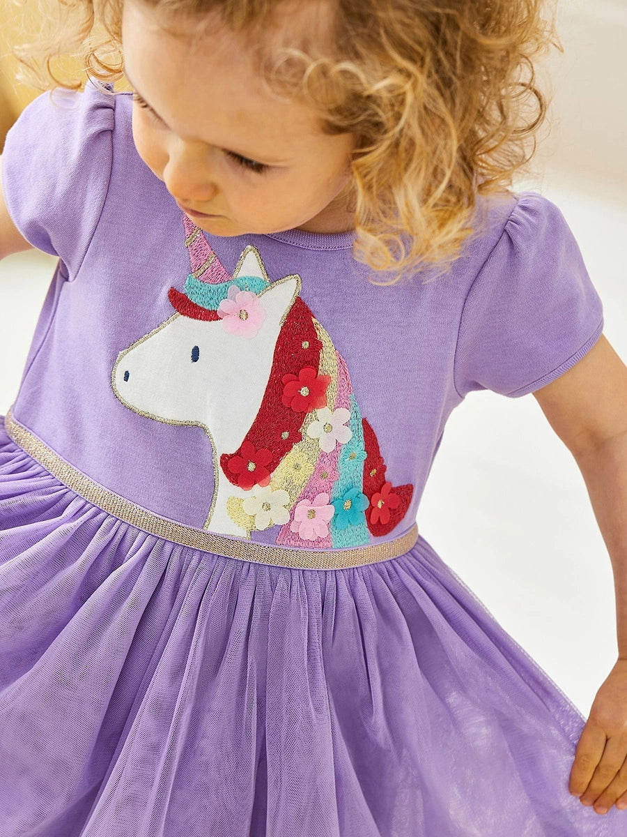 Tiny Cuddling Girls' Purple Pony Mesh Dress 鈥?Spring/Summer