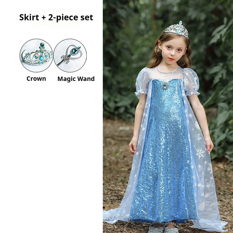 Elsa Princess Dress for Girls — Frozen Blue Sequin Gown with Cape