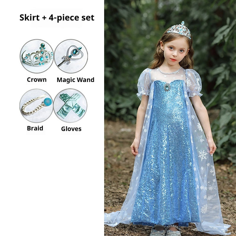 Elsa Princess Dress for Girls — Frozen Blue Sequin Gown with Cape