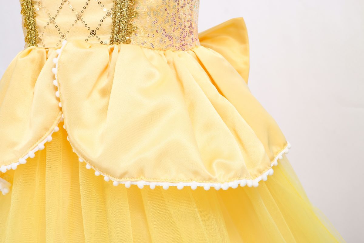 Belle Princess Dress for Girls — Yellow Ball Gown with Puff Sleeves & Elegant Details