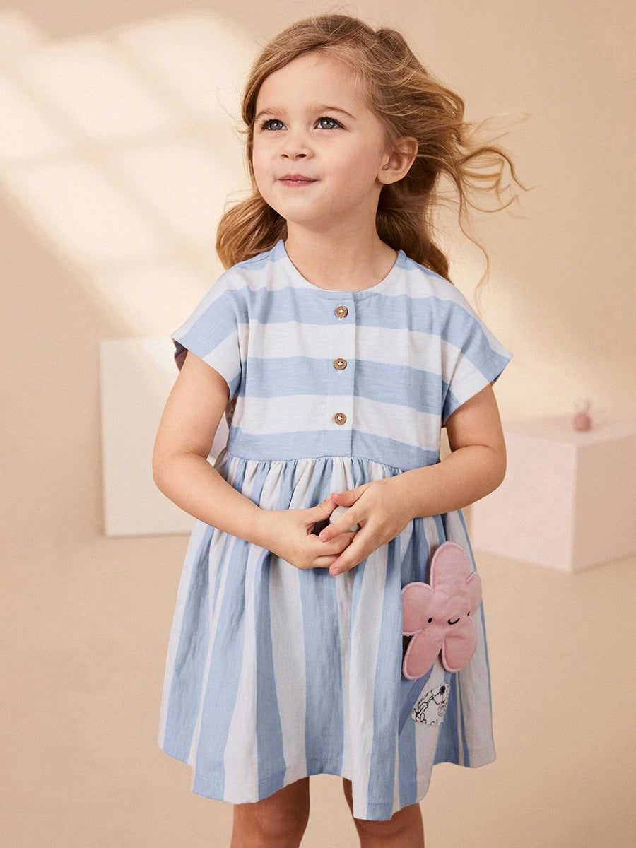 Tiny Cuddling Girls' Cotton Blue Striped Dress 鈥?Spring/Summer