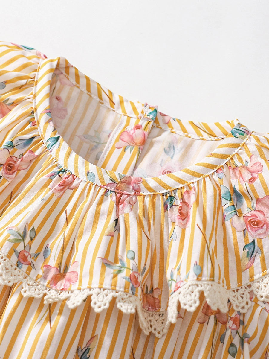 Tiny Cuddling Girls' Yellow Floral Puff Sleeve Dress 鈥?Spring/Summer