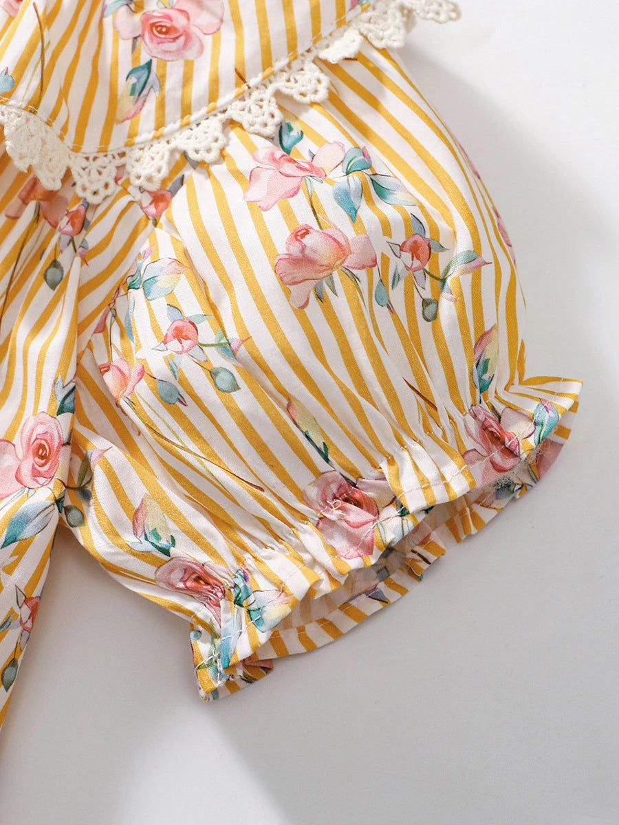 Tiny Cuddling Girls' Yellow Floral Puff Sleeve Dress 鈥?Spring/Summer