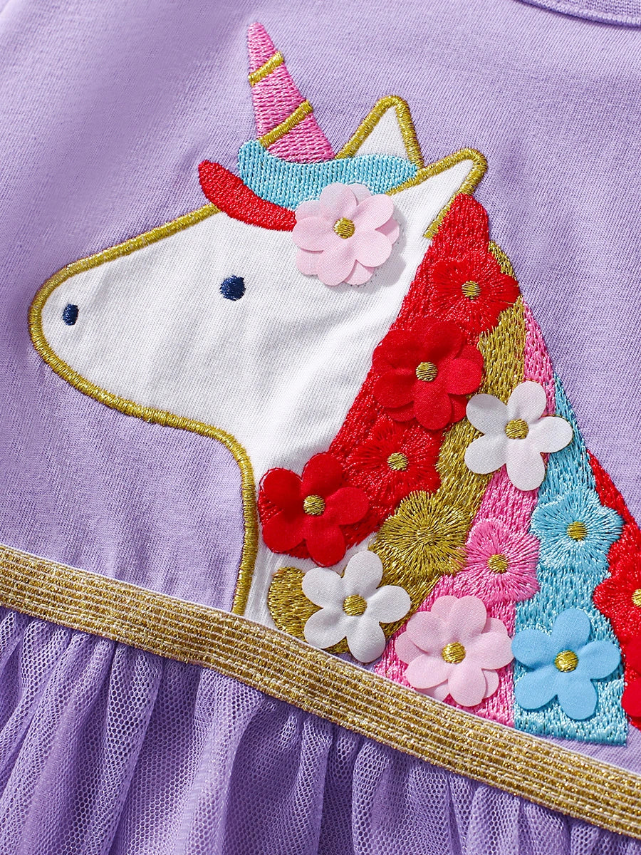 Tiny Cuddling Girls' Purple Pony Mesh Dress 鈥?Spring/Summer