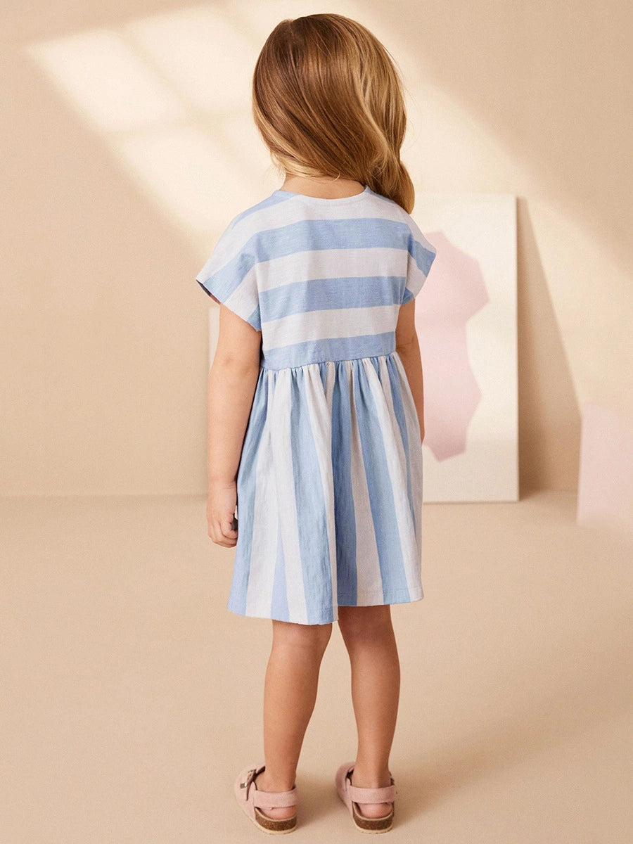 Tiny Cuddling Girls' Cotton Blue Striped Dress 鈥?Spring/Summer