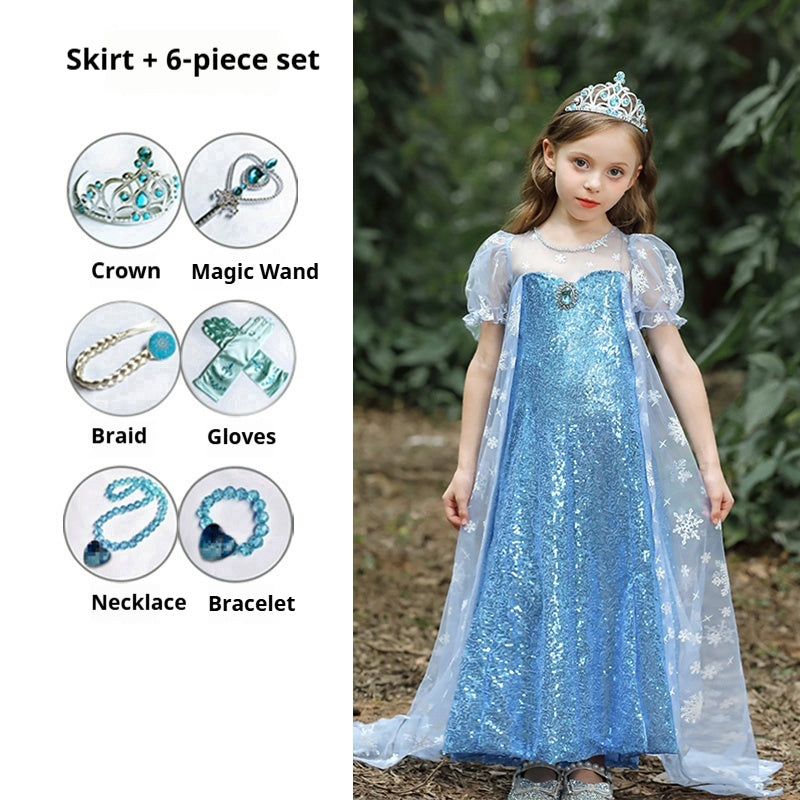 Elsa Princess Dress for Girls — Frozen Blue Sequin Gown with Cape