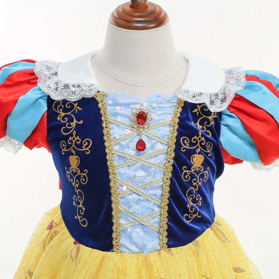 Snow White Princess Dress for Girls — Yellow Ball Gown, Blue & Red Cape, Cosplay Costume