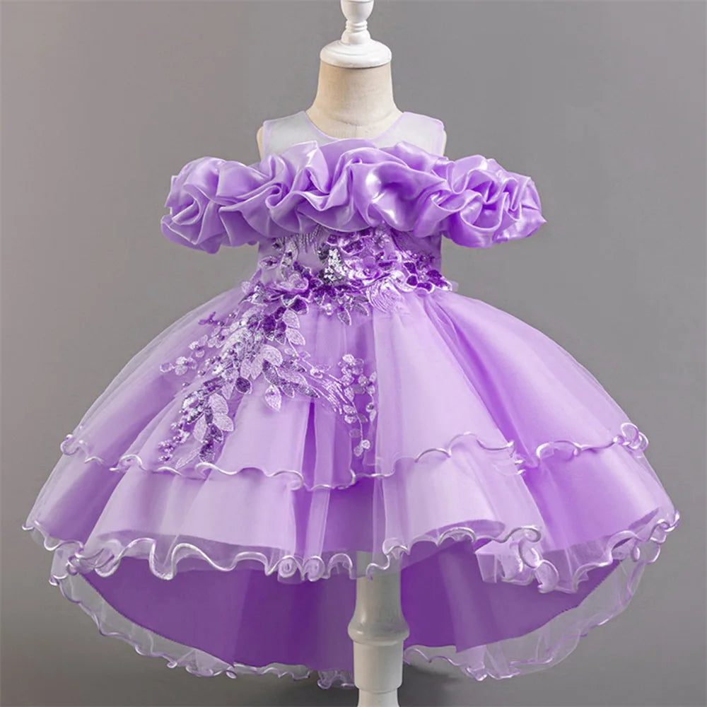 Flower Girl Party Dress for Girls — Tulle Princess Gown, Sleeveless, Elegant Floral Design
