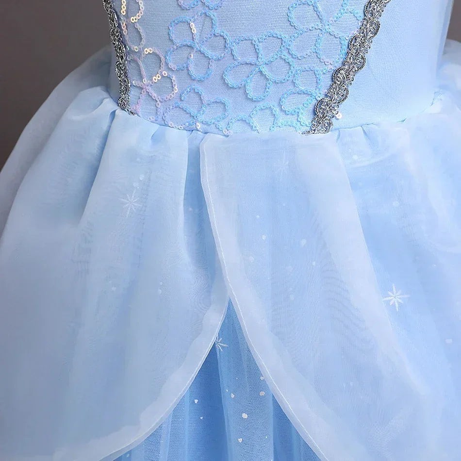Cinderella Princess Dress for Girls — Blue Ball Gown with Puff Sleeves & Sequin Details