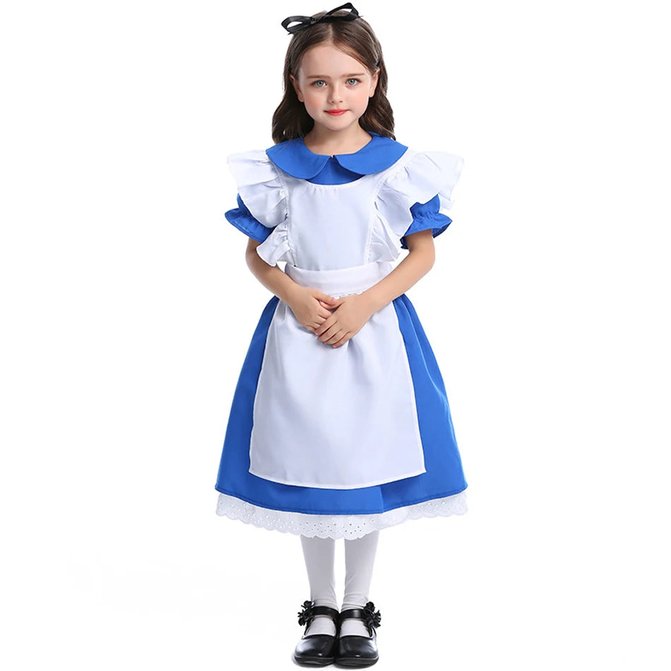 Alice in Wonderland Princess Dress for Girls — Blue Cosplay Costume with Apron, Puff Sleeves