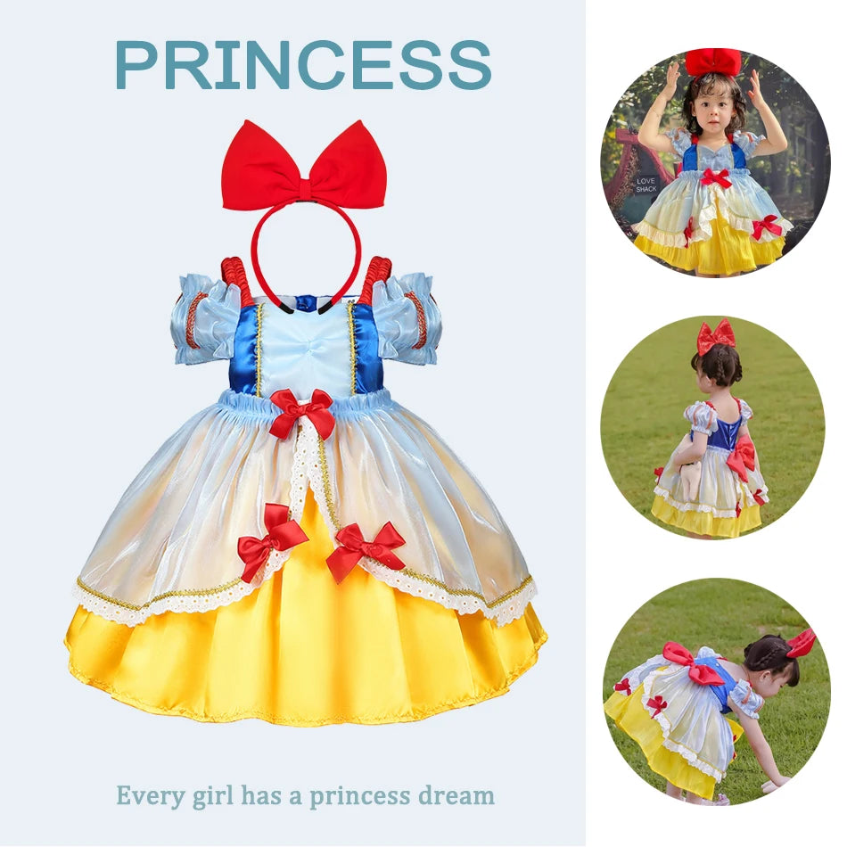 Snow White Princess Dress for Girls — Puffy Ball Gown with Bow & Short Sleeves