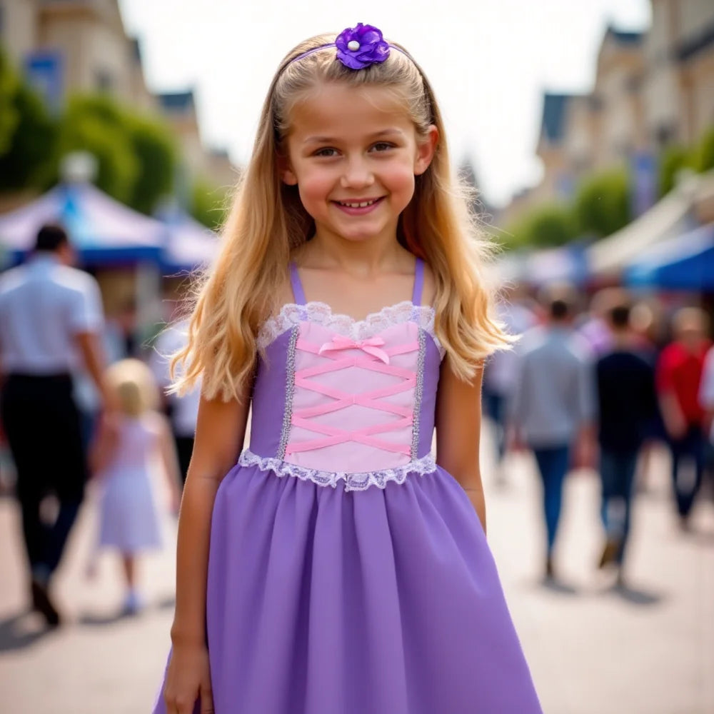 Girls Rapunzel Princess Dress — Purple A-Line, Lace-Up Bodice, Sleeveless Summer Style