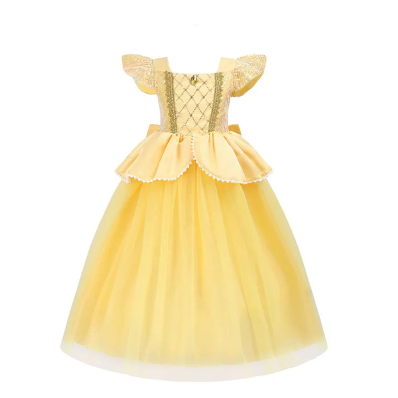 Belle Princess Dress for Girls — Yellow Ball Gown with Puff Sleeves & Elegant Details