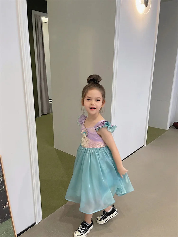 Little Mermaid Ariel Princess Dress for Girls — Sequin Bodice, Puffy Tulle Skirt, Cosplay & Party Costume