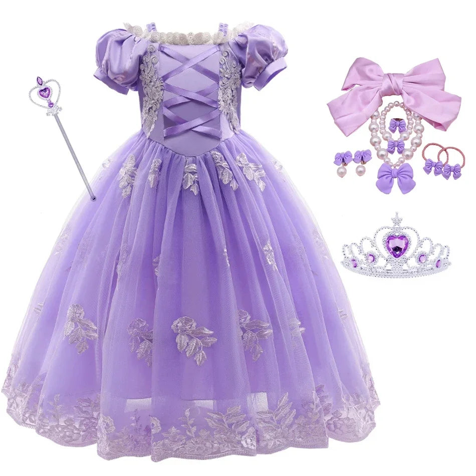 Aurora & Rapunzel Princess Dress for Girls — Puff Sleeve, Tulle, Mid-Calf Cosplay Gown