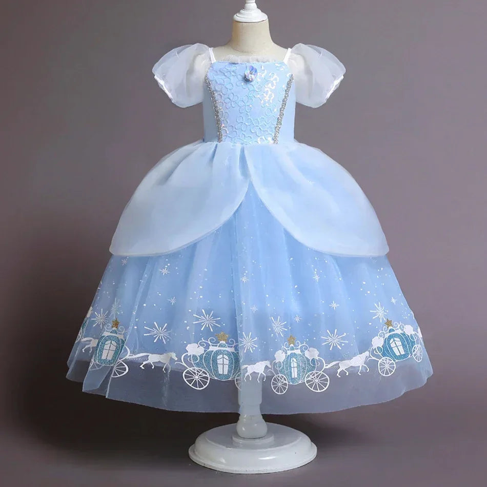 Cinderella Princess Dress for Girls — Blue Ball Gown with Puff Sleeves & Sequin Details