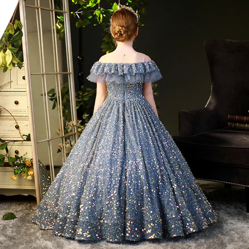 Tiny Cuddling Elegant Sequin Dress | Little Girls Puffy Long Prom Ball Gown Model Show Banquet Pageant Shiny Dress