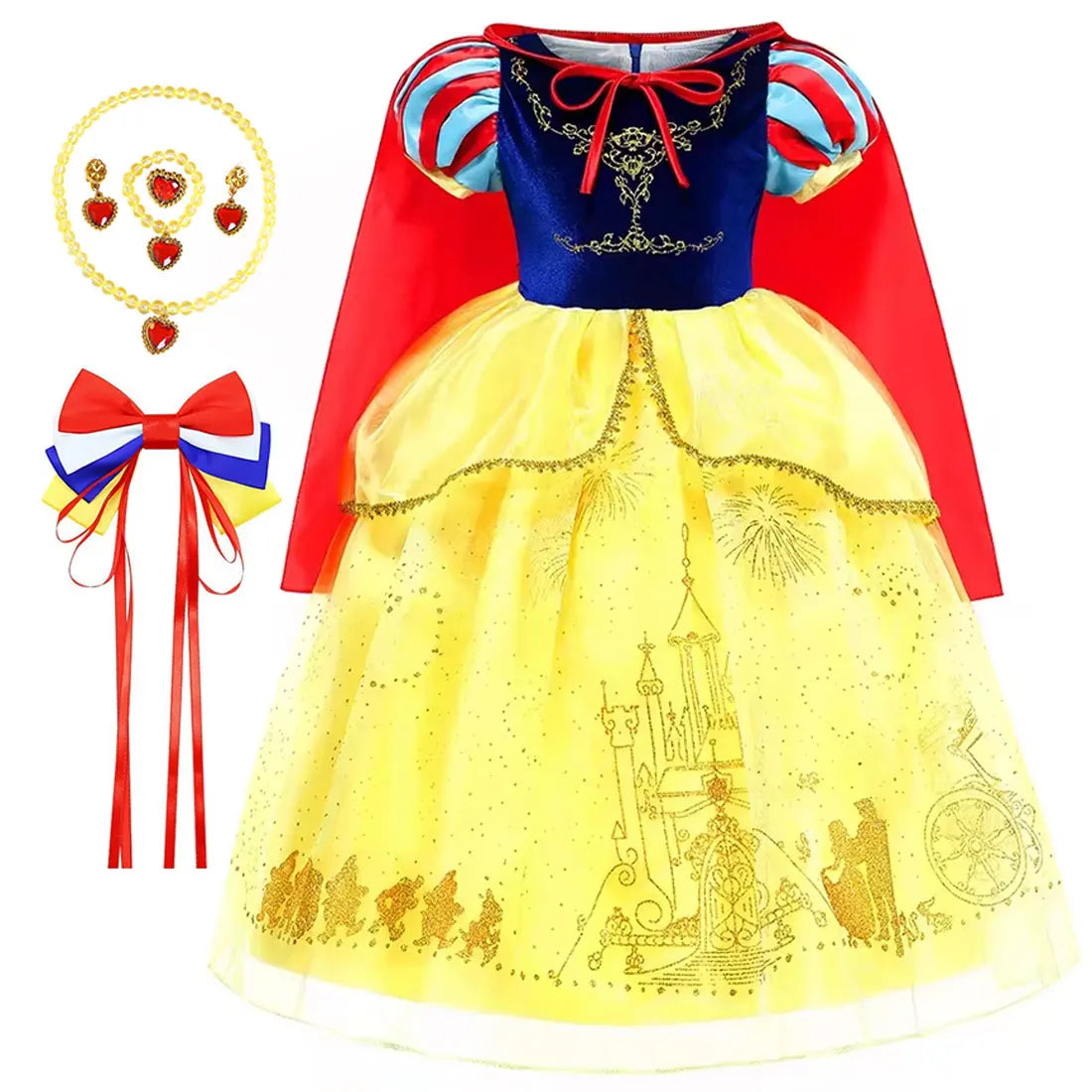 Snow White Princess Dress for Girls — Yellow Ball Gown, Blue & Red Cape, Cosplay Costume