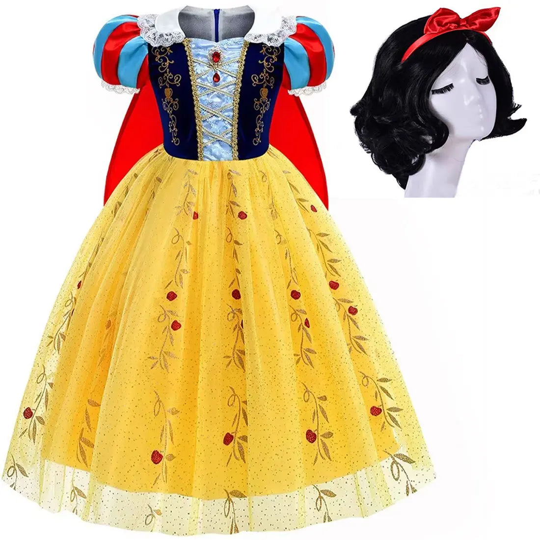 Snow White Princess Dress for Girls — Yellow Ball Gown, Blue & Red Cape, Cosplay Costume