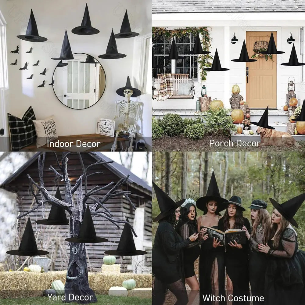 Halloween Hanging Witches Hats — 6/12 Pack with 40m Rope, Black Wizard Hats for Party & Outdoor Decoration