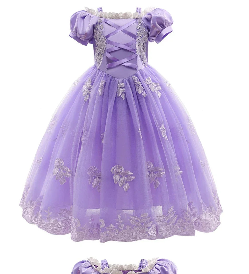 Aurora & Rapunzel Princess Dress for Girls — Puff Sleeve, Tulle, Mid-Calf Cosplay Gown