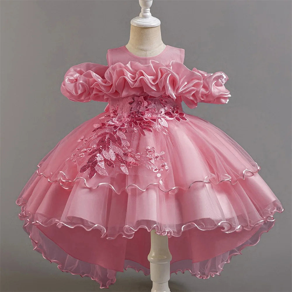 Flower Girl Party Dress for Girls — Tulle Princess Gown, Sleeveless, Elegant Floral Design