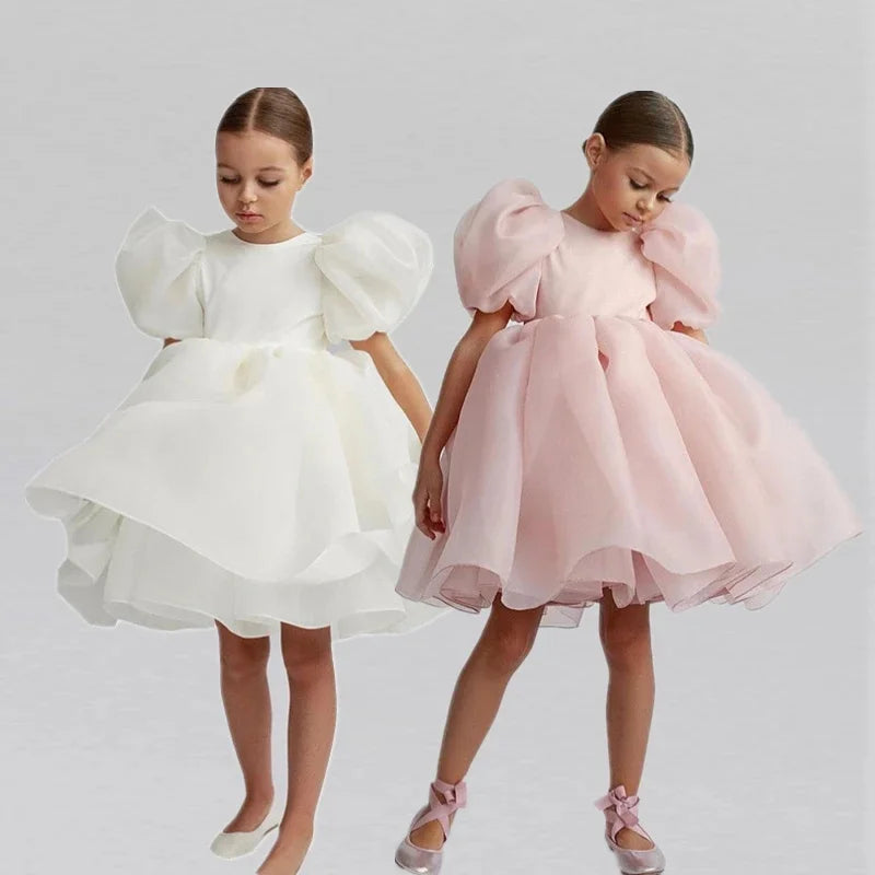 Girls Princess Dress with Puffed Sleeves — A-Line Tulle Birthday Party Outfit